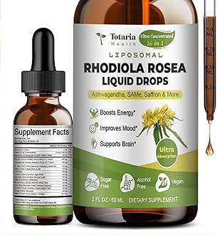 Totaria 16-in-1 Liposomal Rhodiola Rosea Supplement Tincture 1000mg, Ultra Strength Rhodiola 10:1 Root Extract w/Ashwagandha, Rhodiola Liquid Drops for Natural Relaxation, Mood, Energy, Alcohol-Free