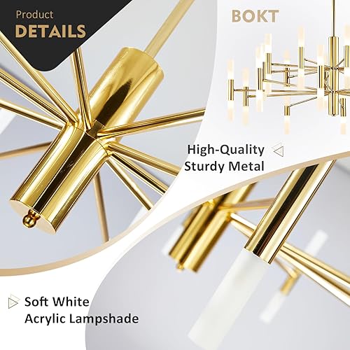 Miniatura 3 de BOKT Lámpara de araña grande moderna de oro brillante con 40 luces, lámpara colgante ajustable, lámpara LED dorada de techo, proceso de