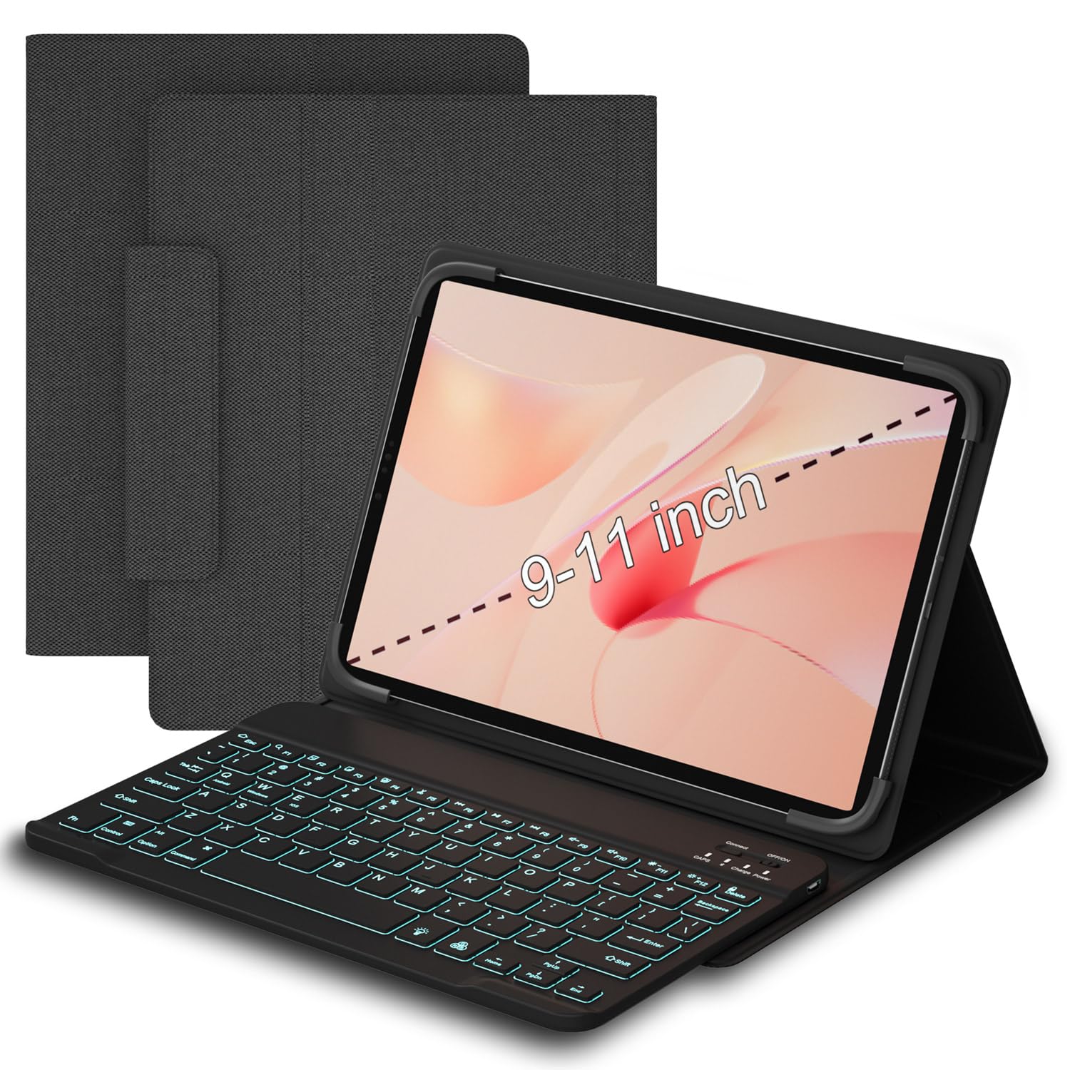 baaaq Universal Tablet Case with Keyboard for 9",9.7",10.1",10.2",10.4",10.5",10.9",11" Tablets, with Removable 7 Color Backlit Bluetooth Keyboard for