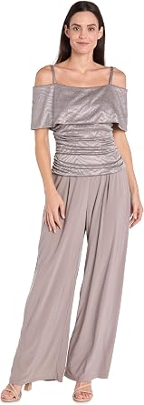 R&M Richards Womens Glam Glitter Jacquard Cold-Shoulder Jumpsuit W/Ruched Bodice & Wide Legs