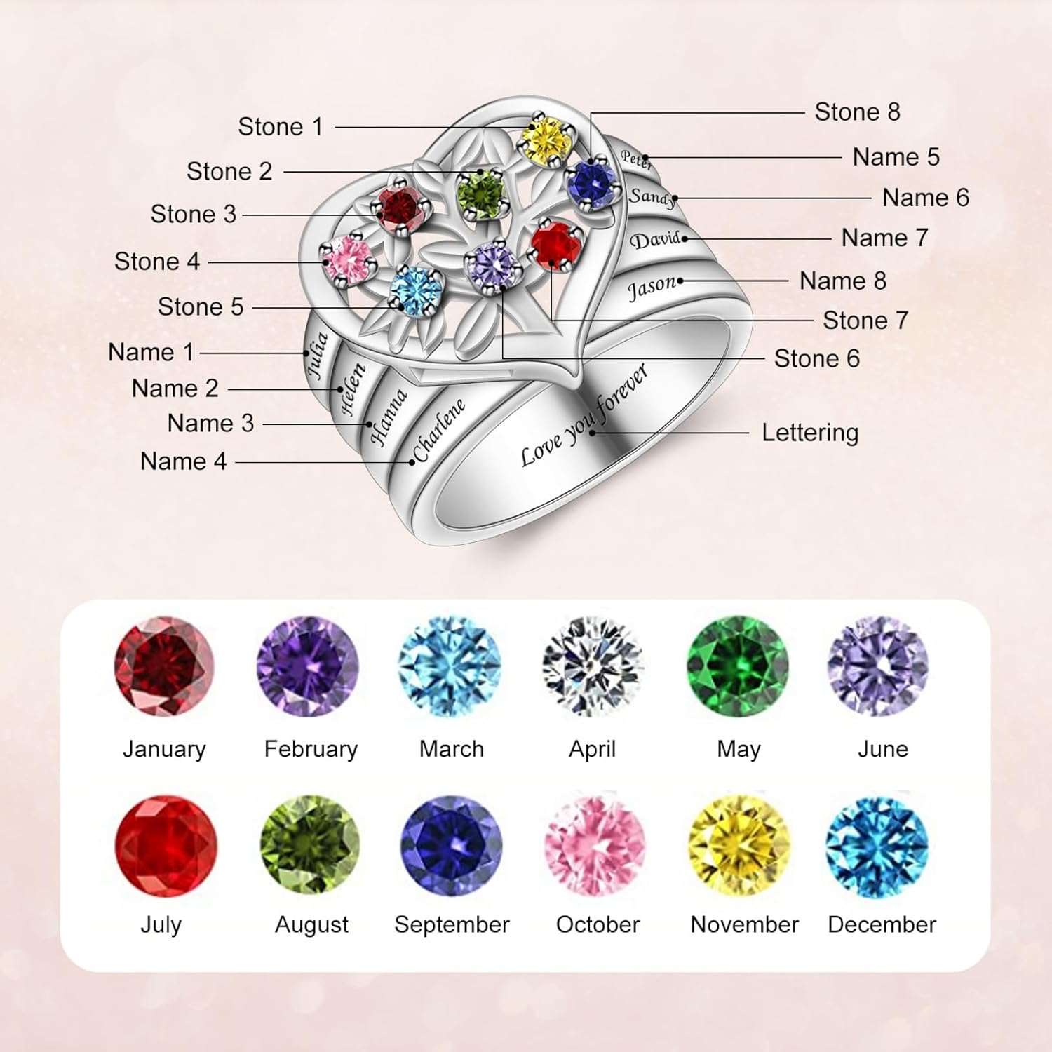 Personalized Family Tree Ring with 1-8 Birthstones Custom Heart Mother Ring with Names Engraved Family Rings for Grandmother Tree Of Life Ring