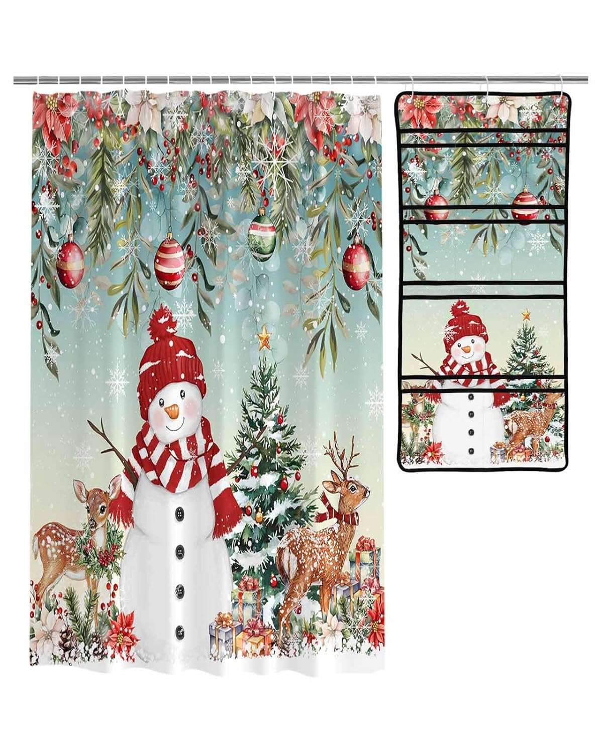 Decorative Shower Curtain Sets Christmas Red Snowman Fabric Waterproof Shower Curtains Snowflake Winter Xmas Tree Elk Floral Teal