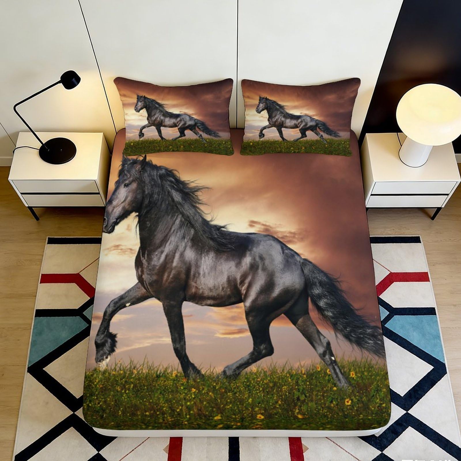 3D Printed Horse Design Fitted Sheet Microfiber Deep Pocket Non-Slip Bedroom Horse Mattress Fitted Cover Washable 90x200x25cm