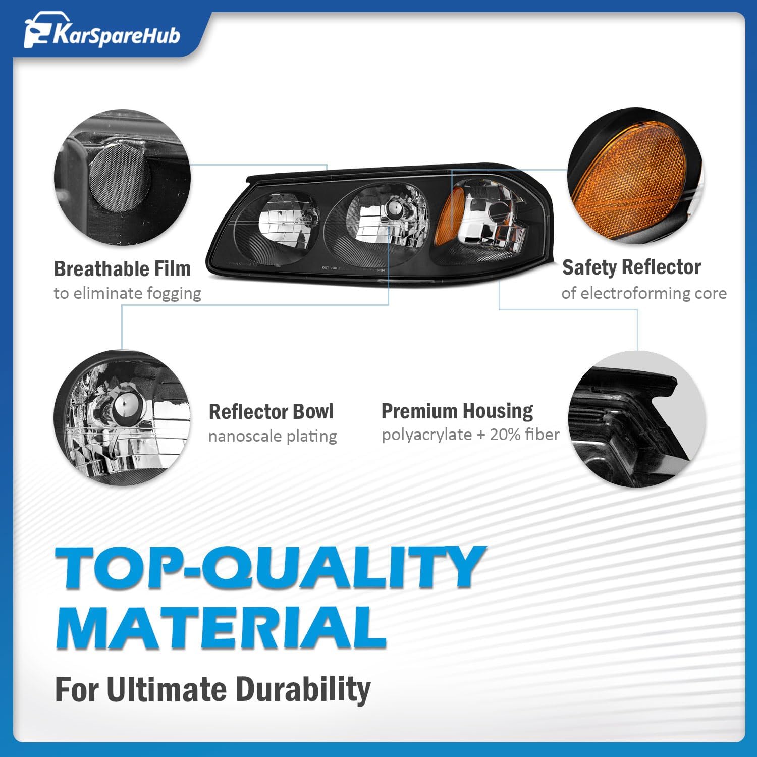 Headlights Assembly for 2000-2005 Chevy Impala Headlamp Replacement Black Housing Amber Reflector Driver & Passenger Side