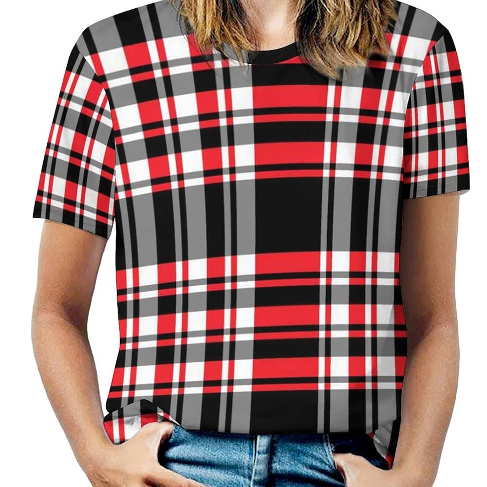 Amazon.co.jp: 黒と赤のチェック柄 レディース Tシャツ 半袖