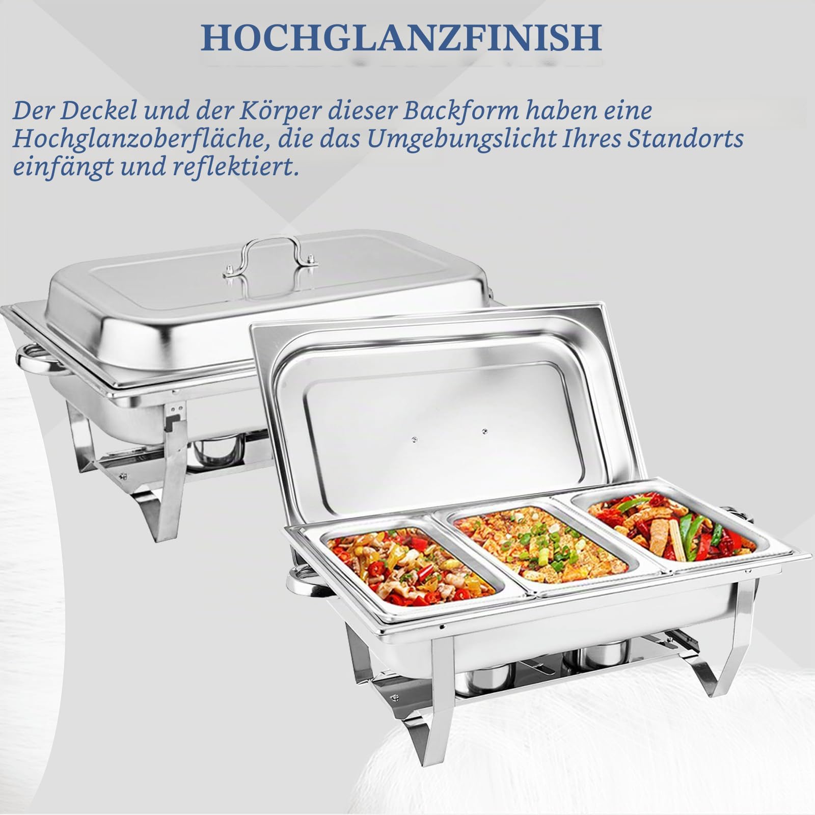 Chafing Dish,Edelstahl Warmhaltebehälter,Speisenwärmer, Edelstahl Speisenwärmer Behälter,Wärmebehälter für Catering, Buffet und Party,55.7x34x38.3cm(FÜR 3 PFANNEN)