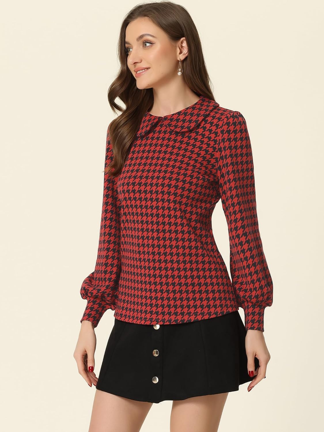 Allegra K Women's Peter Pan Collar Shirt Fashion Puff Long Sleeve Houndstooth Plaid Blouse - Image 2