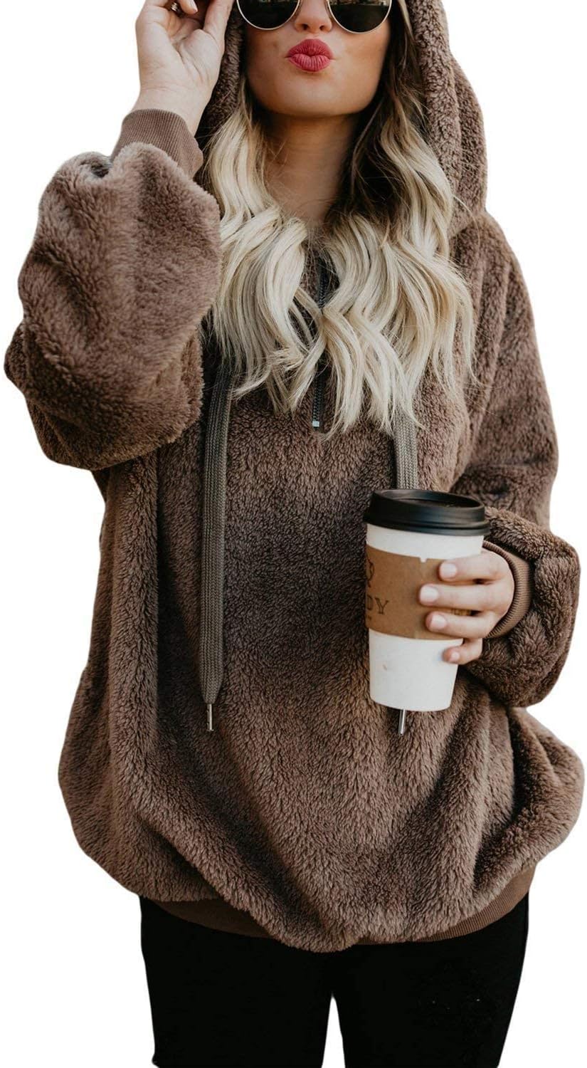 ReachMe Womens Oversized Sherpa Pullover Hoodie with Pockets Fuzzy Fleece Sweatshirt Fluffy Coats(A Brown,2XL) - Image 4