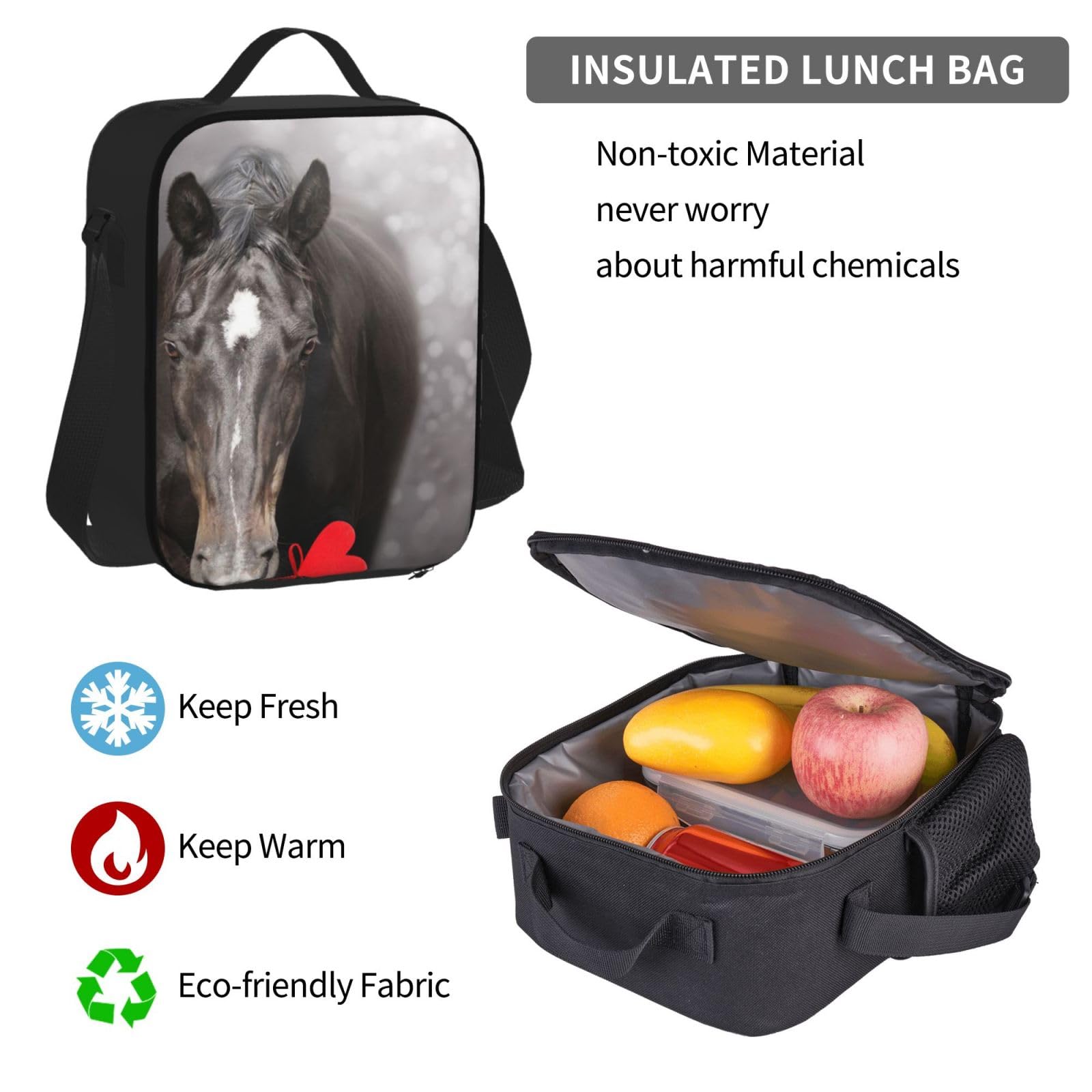 YSOLDA Juego de mochila, mochila escolar, mochila, juego de 3 piezas con bolsa de almuerzo, estuche para lápices,Caballo negro con corazón