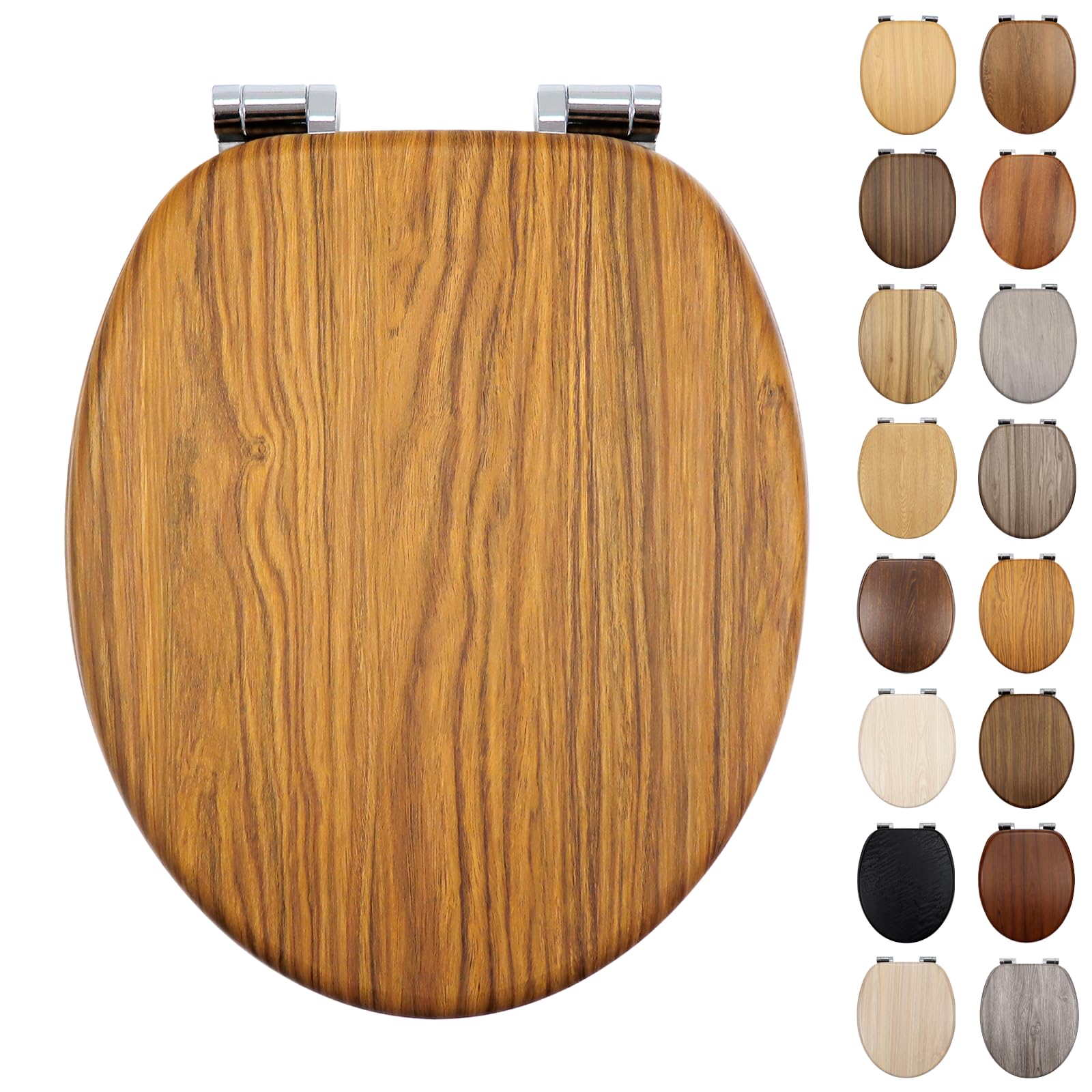 Fanmitrk Standard Wooden Toilet Seat Soft Close, MDF Adjustable Hinges with Bottom Fixture,Easy to Clean and Install for Bathroom (JHE99-2-01A)