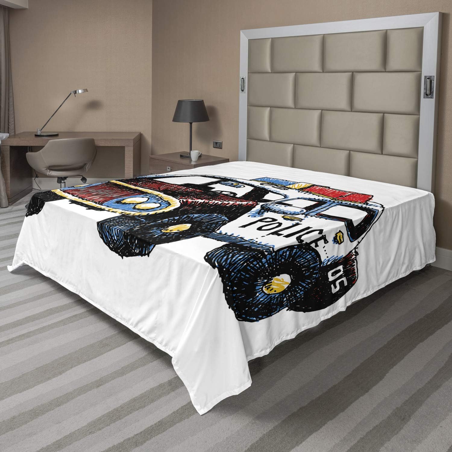 Ambesonne Police Flat Sheet, Cartoon Hand Drawn Police Car Unusual Design with Sketchy Coloring Print, Soft Comfortable Top Sheet Decorative Bedding 1 Piece, Queen Size, Red Yellow and Blue