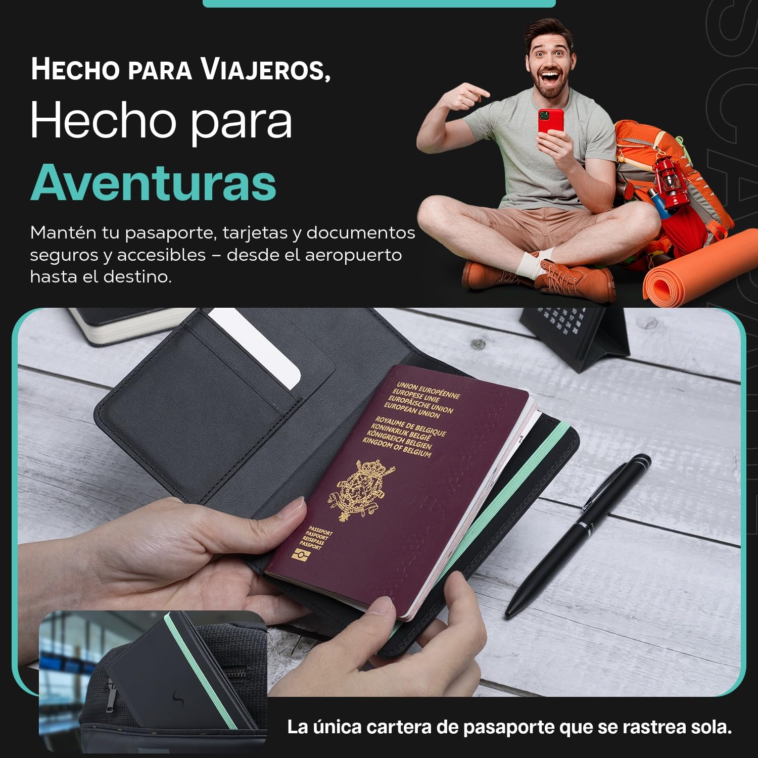 SCAPADE AirPass - Cartera para pasaporte rastreable, funciona con Apple Find My, batería recargable (5-6 meses), 3 ranuras para tarjetas, no necesita aplicación, elegante funda de viaje para usuarios