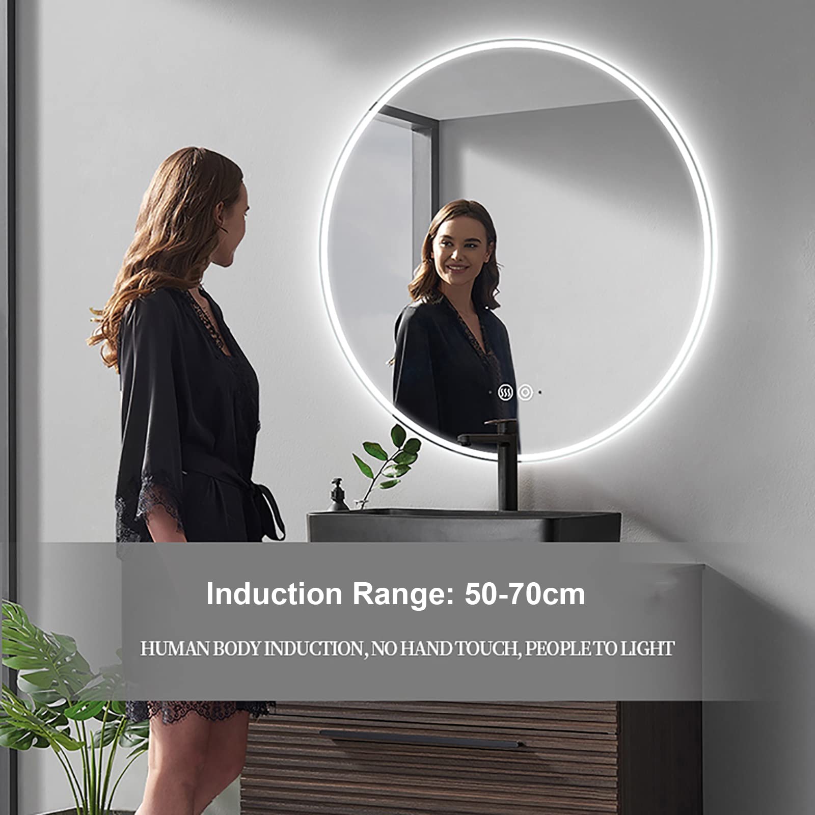 LED-Badezimmerspiegel mit Bewegungsmelder, Acryl-Spiegel mit Hintergrundbeleuchtung und Lichtern, beleuchteter, dimmbarer Schminkspiegel zur Wandmontage, beschlagfrei, IP54, wasserdicht (Grö