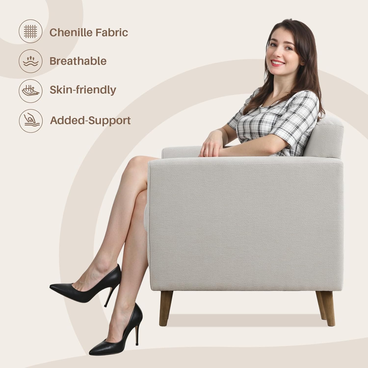 Modern Accent Chair with Wooden Legs Plush Fabric Armchair Chenille Side Single Sofa Chair for Bedroom, Office Cafe Waiting Room Apartment (Beige Armchair)