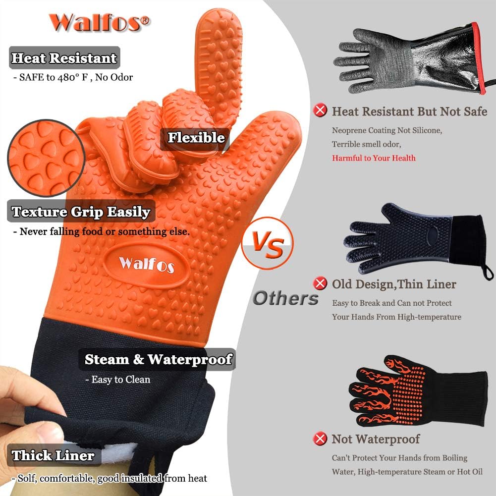 Walfos Grilling Gloves - Heat Resistant Silicone Oven Mitt, Premium Non-Slip Silicone Internal Protective Cotton Layer, Waterproof, Great for Grilling, Kitchen and Cooking (Orange) : Everything Else