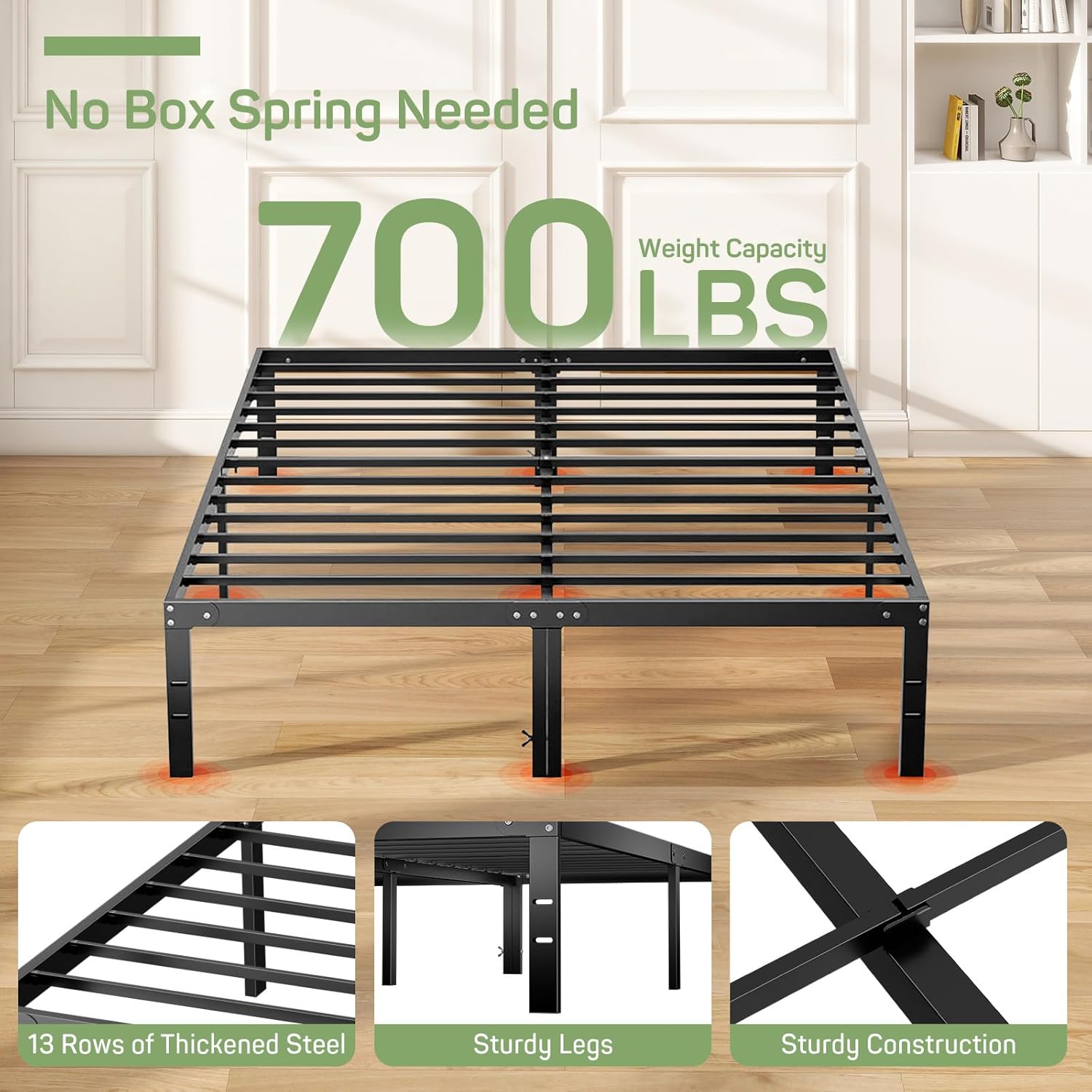King Size Bed Frame, Metal Platform Frames No Box Spring Needed, Heavy Duty with Storage Space, 14 Inches High, Sturdy Steel Slat Support, Black