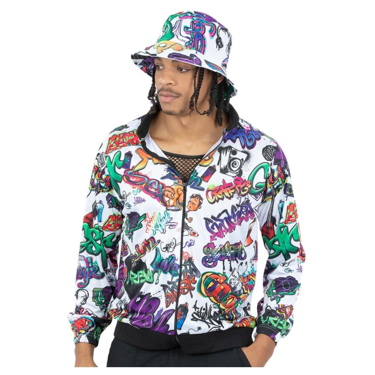 Smiffys 90s Hip Hop Graffiti Jacket for Men, Colourful 1990s Fancy Dress Outfit Street Style Graffiti Print, Retro Urban Party Wear, Old School Rapper Costume Festivals, Halloween Themed Events Small