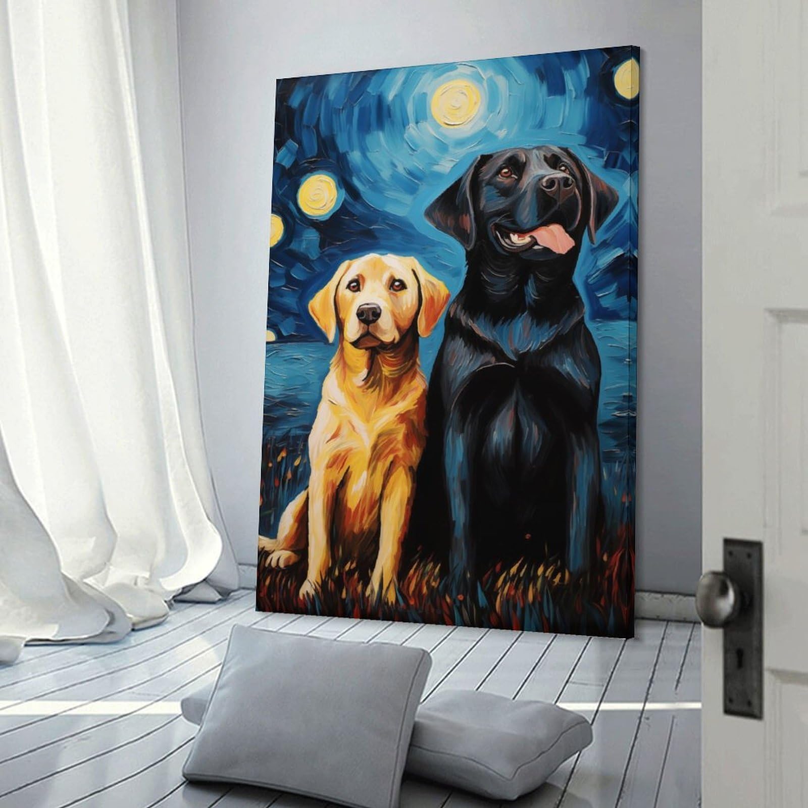 Junmoney Frame-Style-17 Starry Night Labrador Friends Hanging Wall Art, 24X36inch(60X90cm), For Entrance Walls, Hall Decor Or Foyers, Wall Decor To Refresh Empty Corners