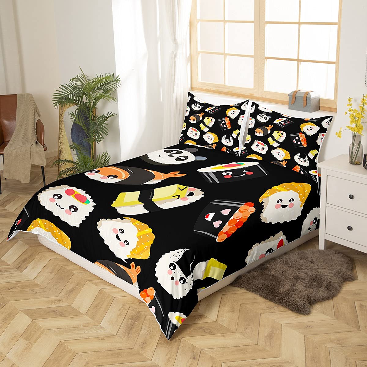 Juego de funda de edredón de sushi súper King, juego de ropa de cama de sushi kawaii con dibujos animados de dibujos animados de estilo japonés, juego de funda de edredón con estampado de alimentos