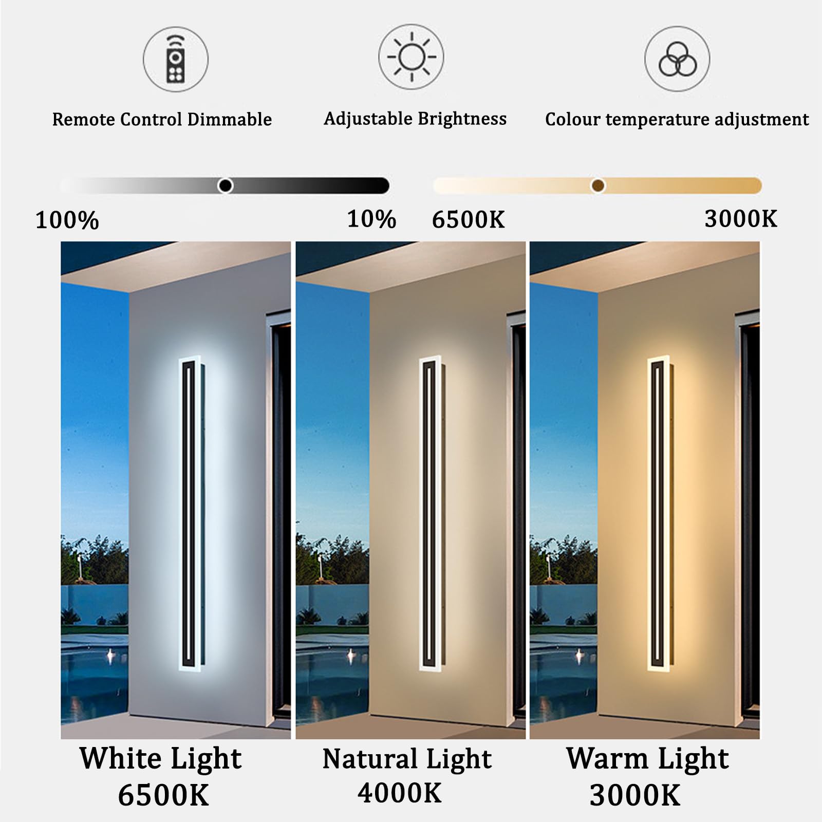 Nowoczesna lampa ścienna LED, do użytku na zewnątrz, IP65, wodoszczelna lampa ścienna 3000-6500 K, ściemniana, długa lampa ścienna z pilotem zdalnego sterowania, do wewnątrz/na zewnątrz, do