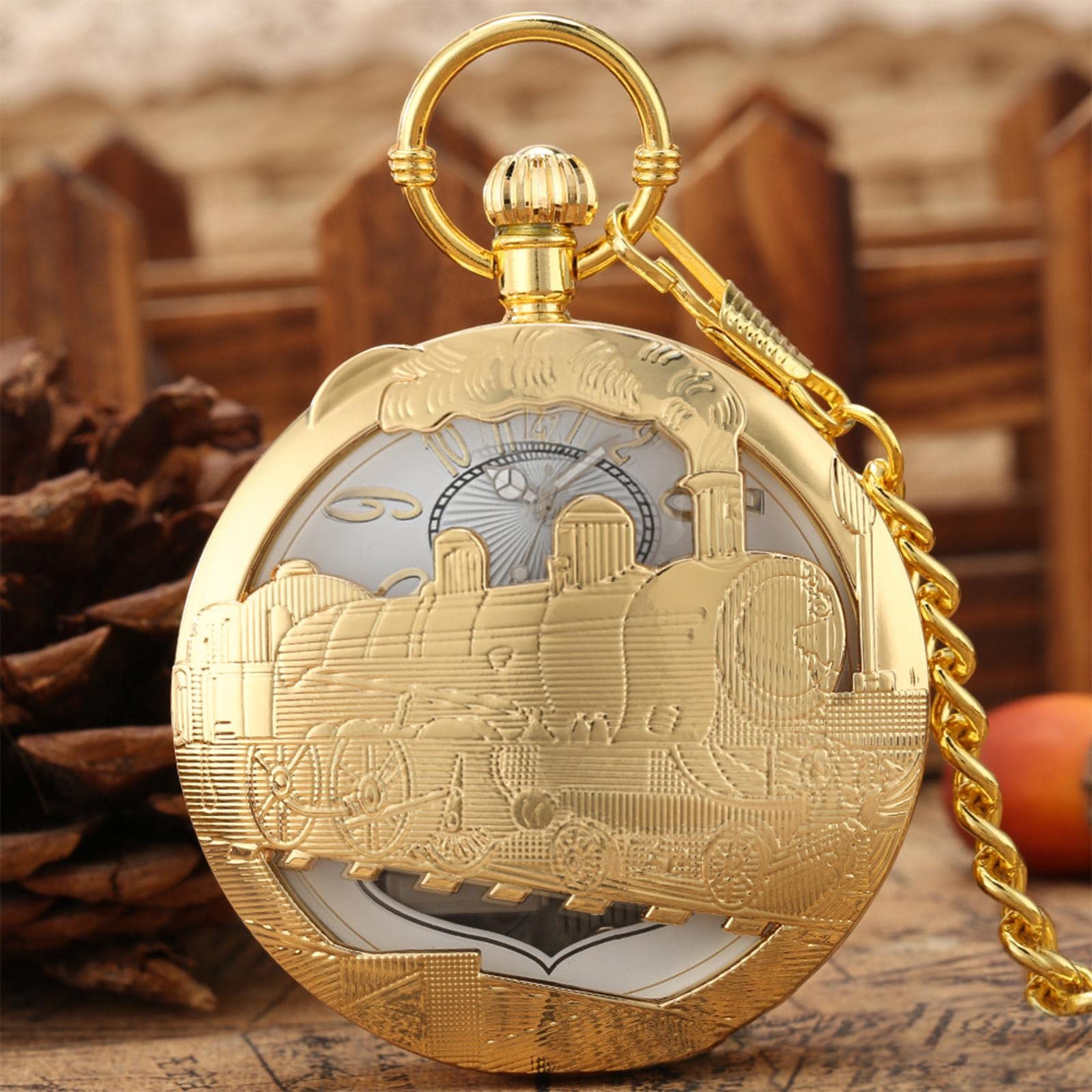 Musical Reloj de Bolsillo Coleccionable Vintage con Movimiento de y Cadena Caja Musical Retro Grabada Accesorio Único para Hombre Mujer, tren de oro, unico