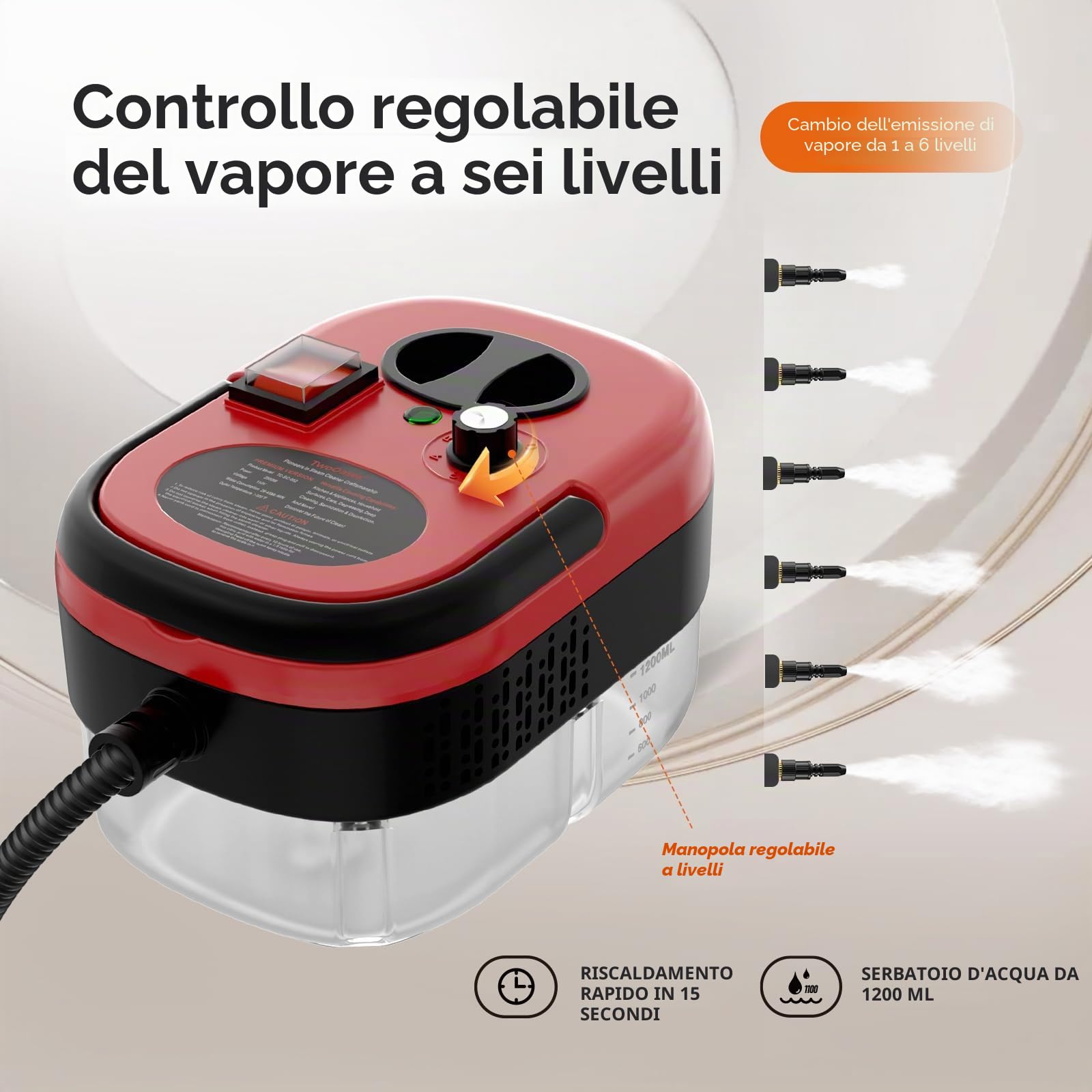 Pulitore a Vapore, Vaporetto ad Alta Pressione, Serbatoio di Grande Capacità da 1200ml, Steam Cleaner Portatile, Vaporetto Vulitore Vapore Casa per Auto, Finestre, Cucina, Bagno, Piastrelle - Rosso