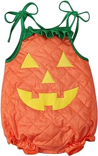BeQeuewll Baby Boy Girl Halloween Costumes Pumpkin Outfits Sleeveless Bubble Romper Strap Bodysuit Toddler Cosplay Clothes(Strap Pumpkin Romper, 12-18 Months