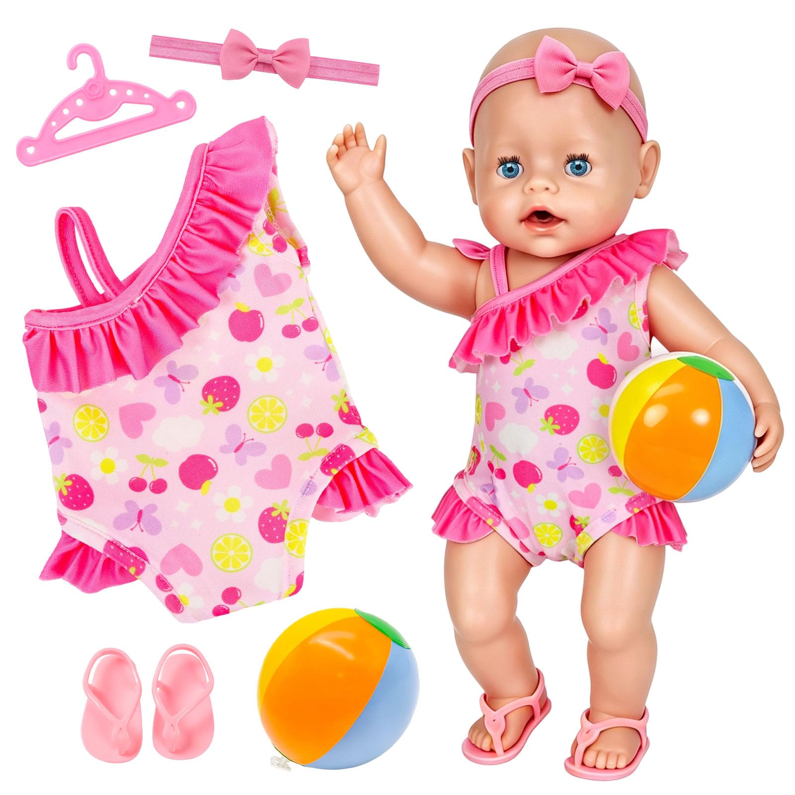 Orizizhic 5 Pcs Baby Doll Clothes 14-18 Inch Newborn Baby Swimming Doll, Pink Doll Clothes Outfits Swimsuit Headband Shoes Inflatable Volleyball Hanger for 35-45 cm Baby Dolls Kids Girls Birthday Gift