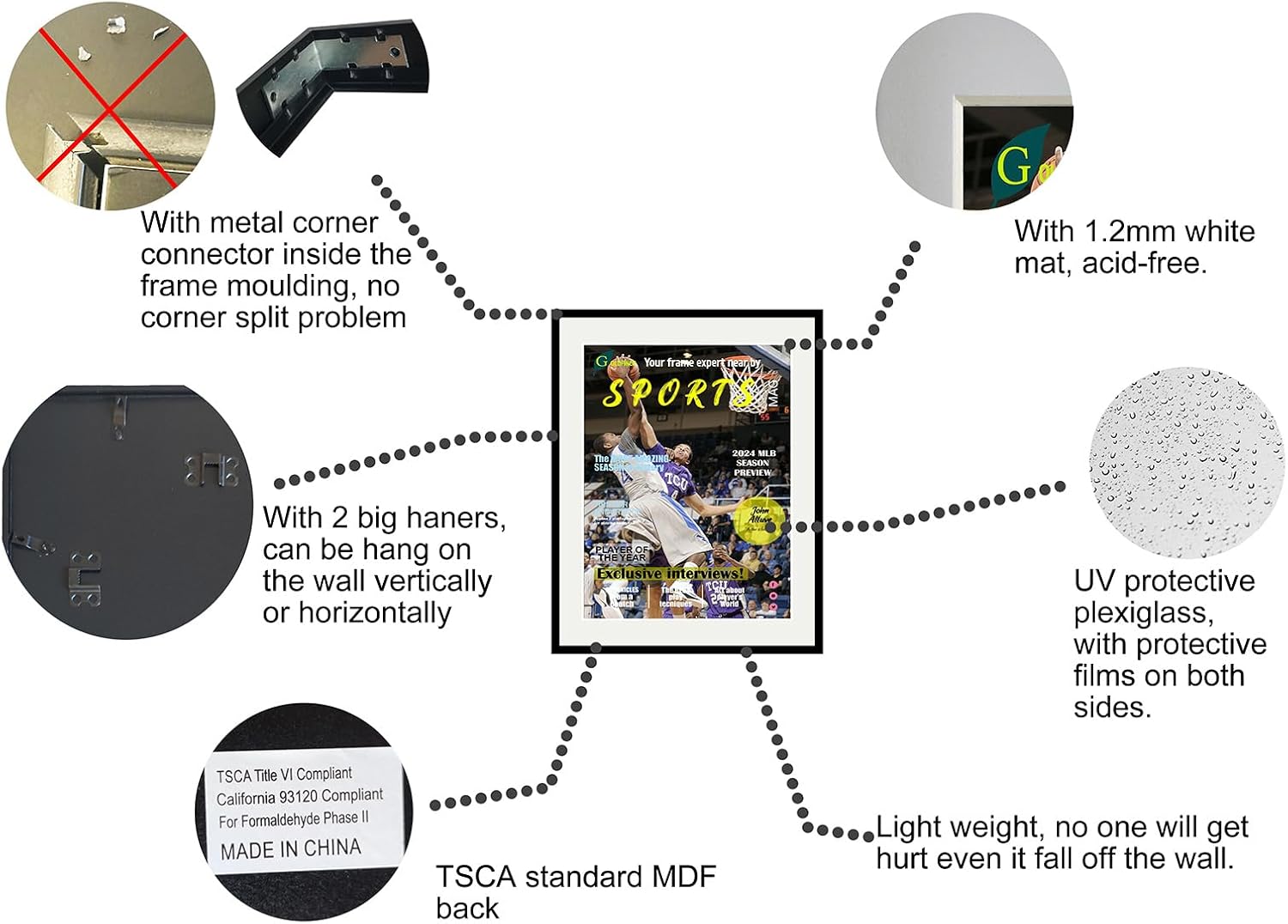 Goldfinch 8 Packs Sports Magazine Frames Displays Magazines Measuring 8.5 x 11.25 inches with White Core Matting, High Glossy Frame with Installed Hangers (8, Black Frame White Mat)