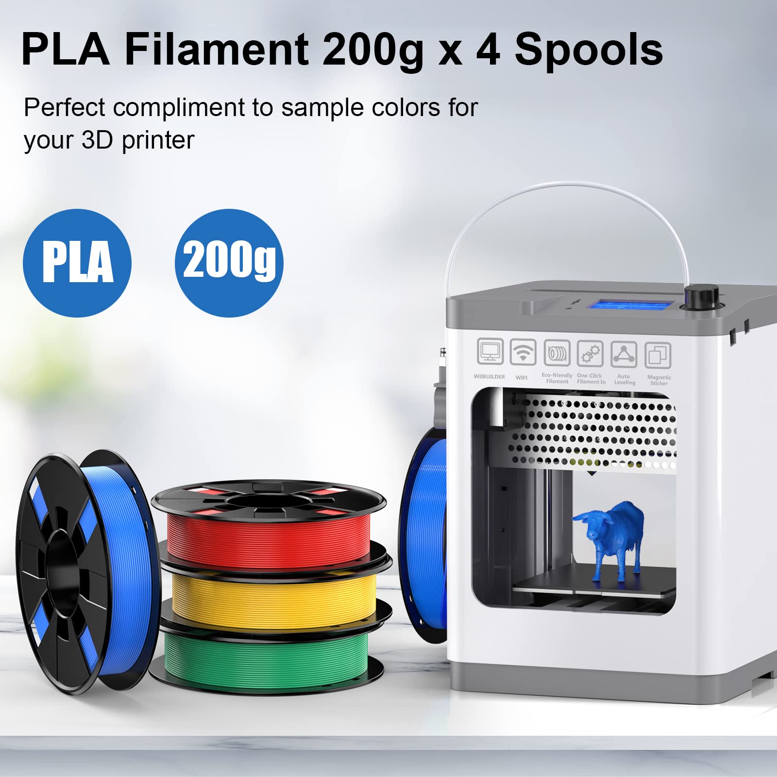 ENTINA 4 Colors PLA 3D Printer Filament Bundle, PLA Filament 1.75 mm for 3D Printers, Dimensional Accuracy +/- 0.02 mm, 200g x 4 Spools Set