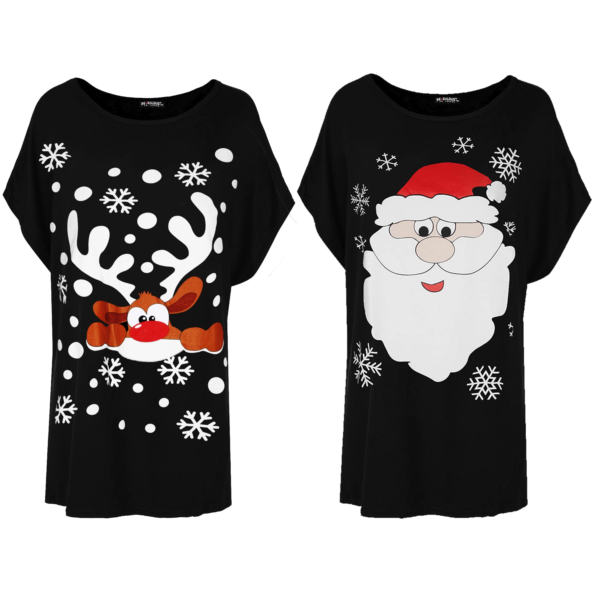 Fashion Star Womens Christmas Oversized Printed Batwing Baggy Xmas T Shirt Top 2 Combo