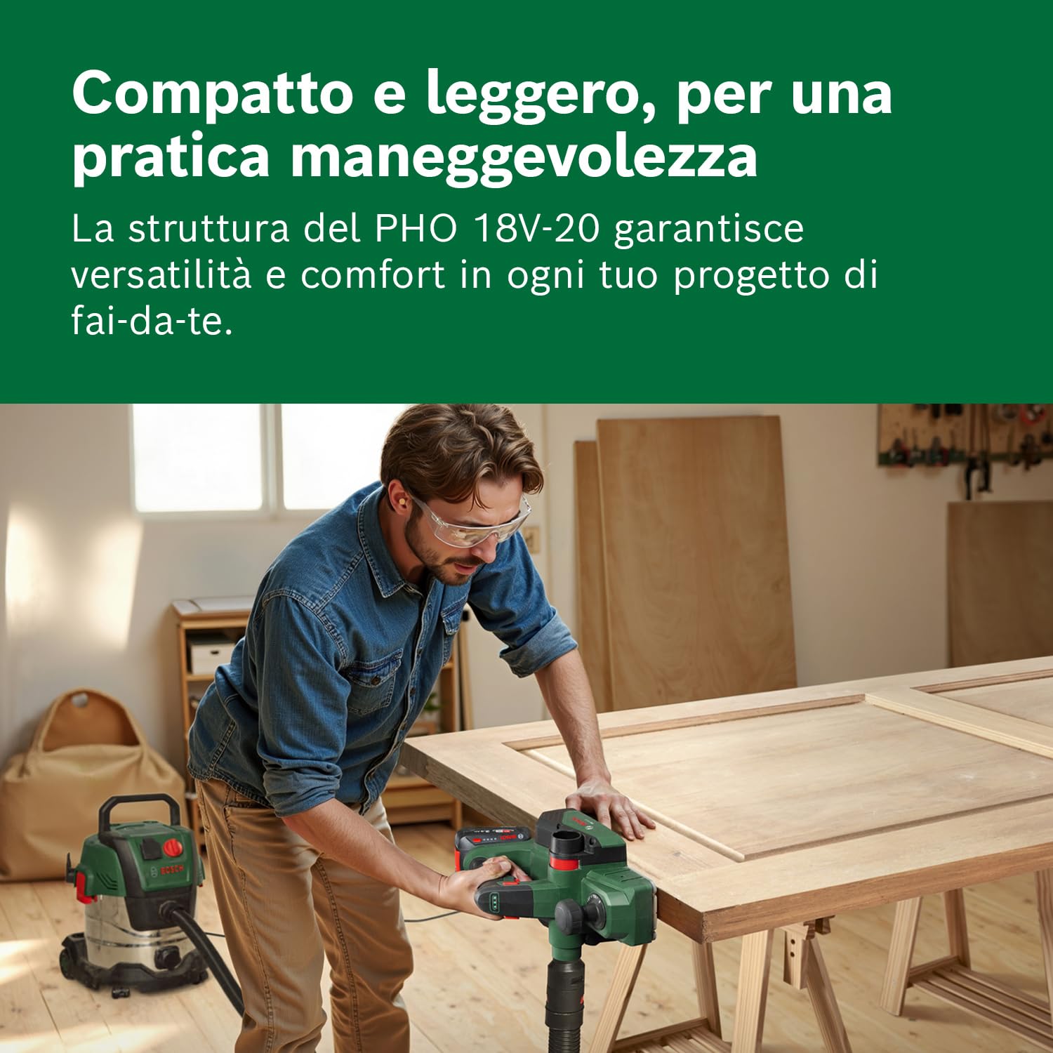 Bosch 18V System Pialletto a batteria PHO 18V-20 (Piallatura flessibile da diverse angolazioni; facile sostituzione della lama; incl. sacchetto per la polvere)