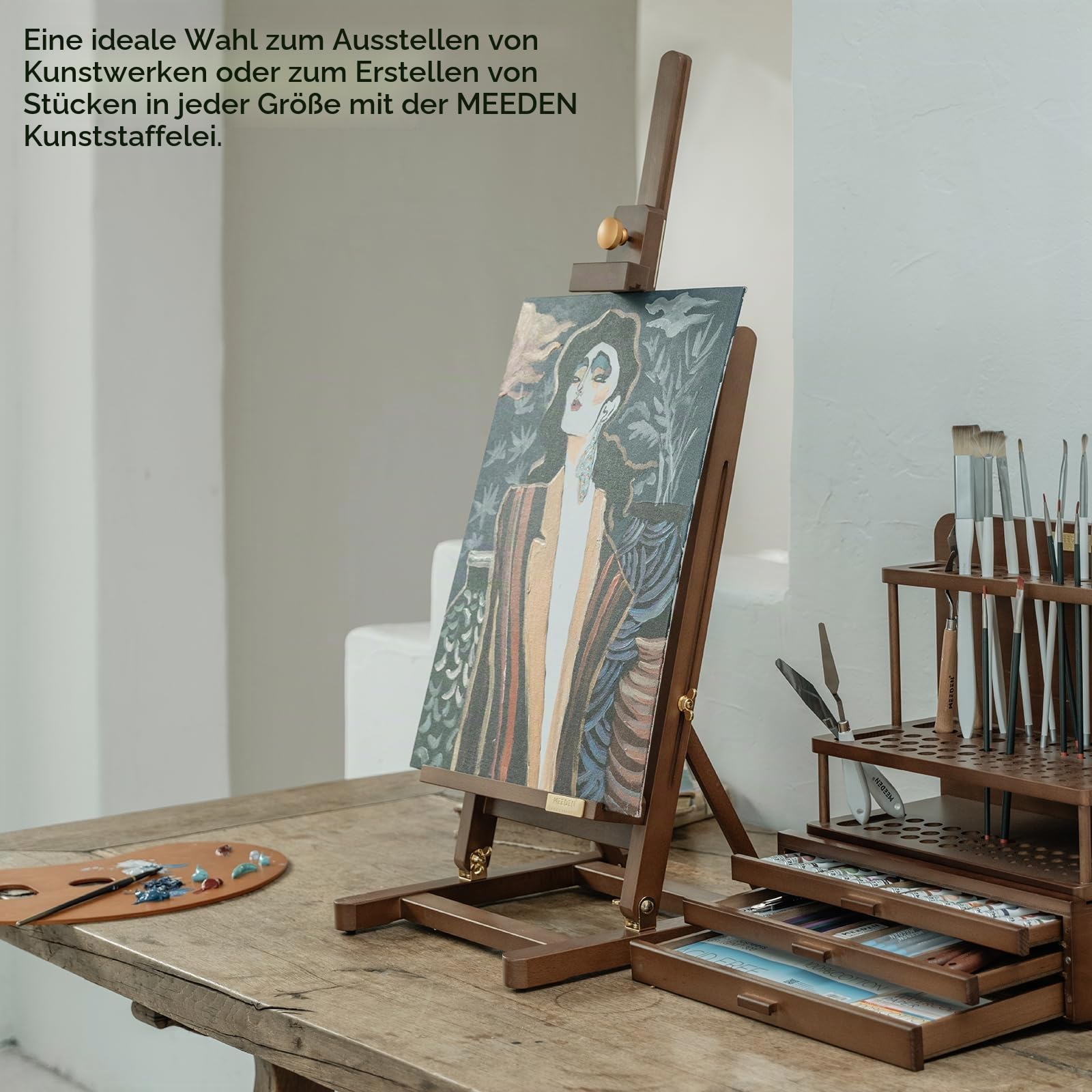 MEEDEN PRO Große Tischstaffelei – Montagefreie Desktop-Kunst-Staffelei für Leinwand bis zu 69,8 cm – H-Rahmen, verstellbarer Buchenholz-Staffelei zum Malen