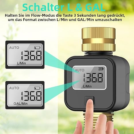 Haozee -Water Meter with Brass Head Inlet and Outlet, Measures Gallon/Litre Consumption and Flow Rate for Filling RV Water Tanks, Watering Outdoor Garden Hoses, Lawn