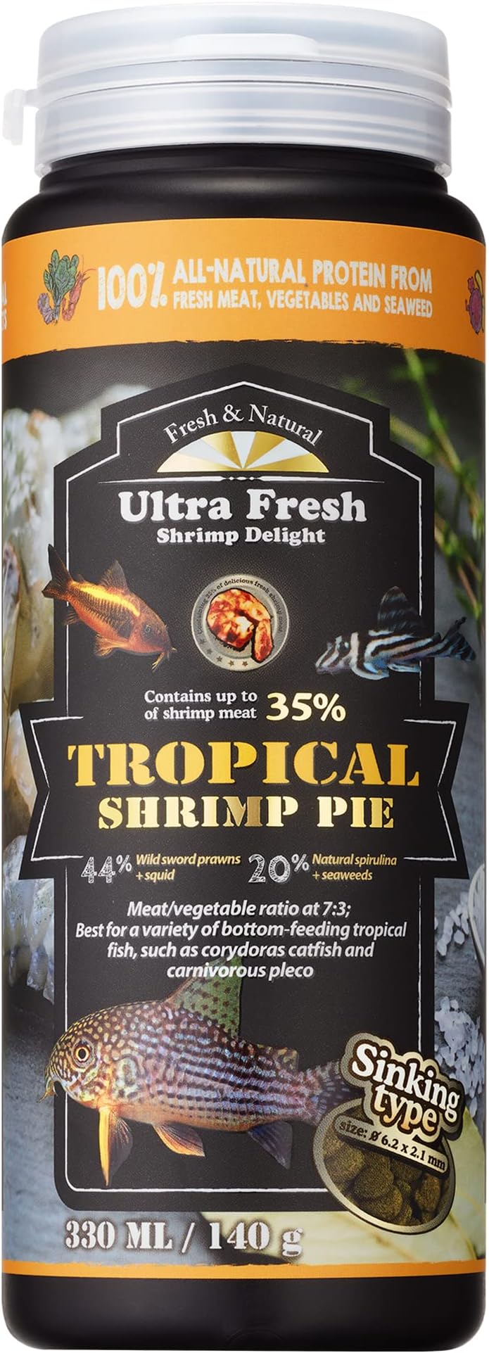 Ultra Fresh Bottom Feeder Fish Food, Sword Prawns, Natural Protein, Balanced Diet, for Catfish, Corydoras, Loaches, Tropical Shrimp Pie 140g