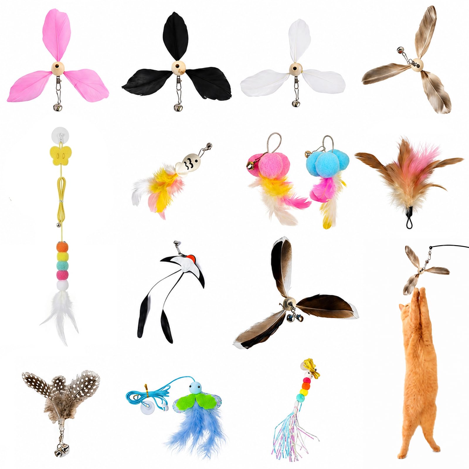 SurPse 13-Piece Cat Wand Attachments, Natural Feather Cat Toys Refills with Bells, Interactive Door Hanging Cat Toy Replacements for Indoor Cats