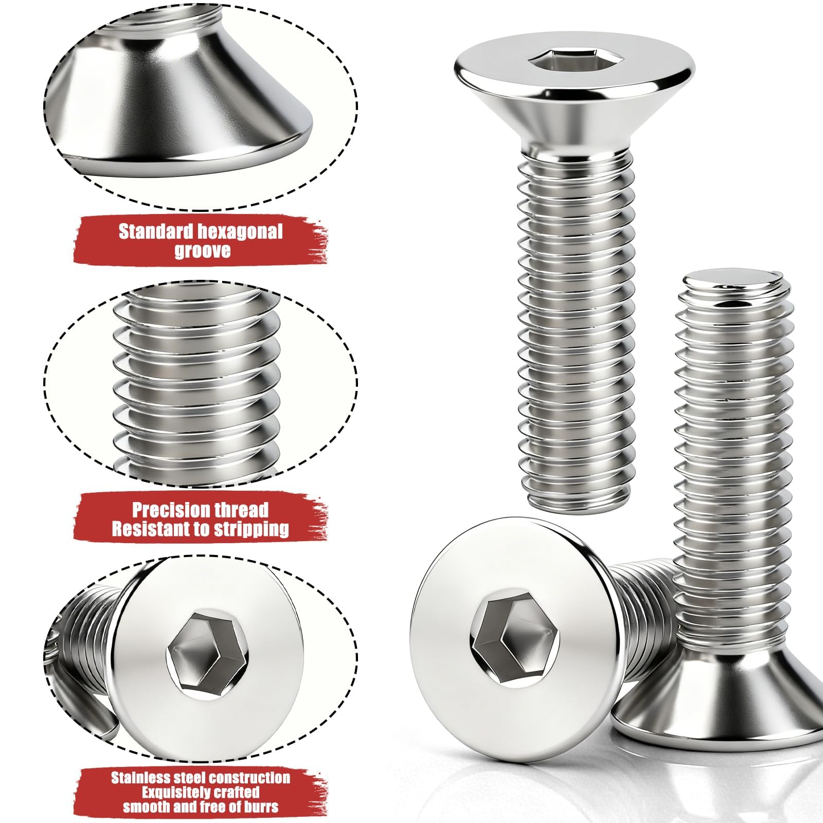 Viti a testa svasata M8, esagono incassato M8 x 25 mm, in acciaio inox a testa svasata, filettatura completa con 1 chiave a esagono incassato da 5 mm, per montaggio e riparazione (argento)