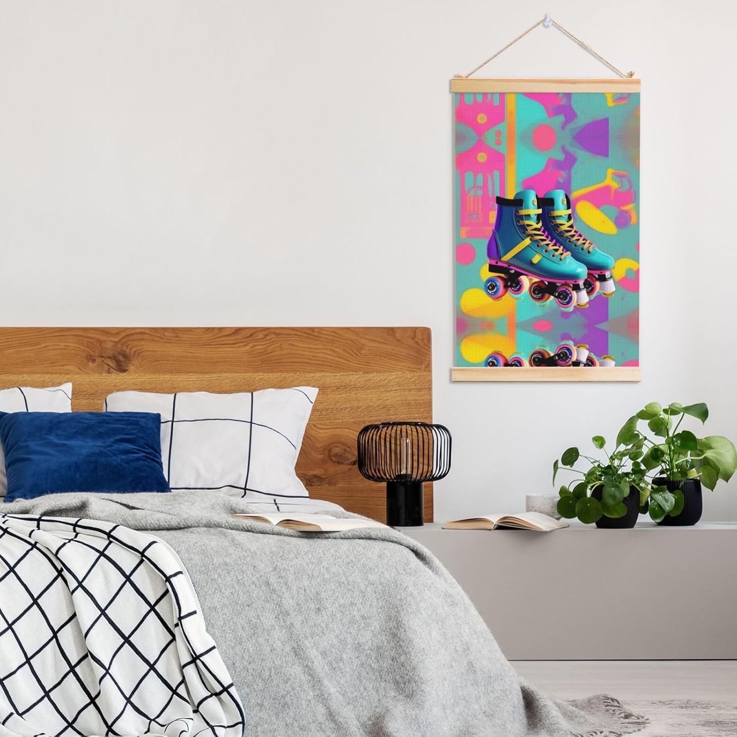 Retro Colorful Roller Skates Print Poster Hanger,Hanging Poster, Poster Frame,Wood Poster Hanger, For Wall Hanging