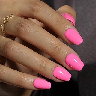 KQueenest Hot Pink Press On Nails Short - Acrylic Press On Nails Coffin, Sheer Bright Neon Pink Fake Nails with Glue, Glossy Vibrant, Ballerina Reusable Soft Gel Glue on Nails for Women, 30 Pcs