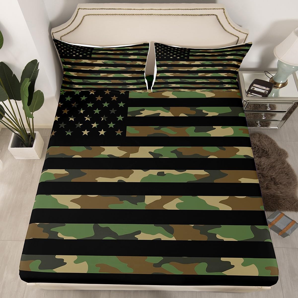Army Camouflage Bed Sheet Set American Flag Bedding Set for Kids Boys Girls Teens Military Theme Decor Jungle Green Camo USA Flag Fitted Sheet Independence Day Bed Cover Queen Size 4Pcs Bedding Sheet