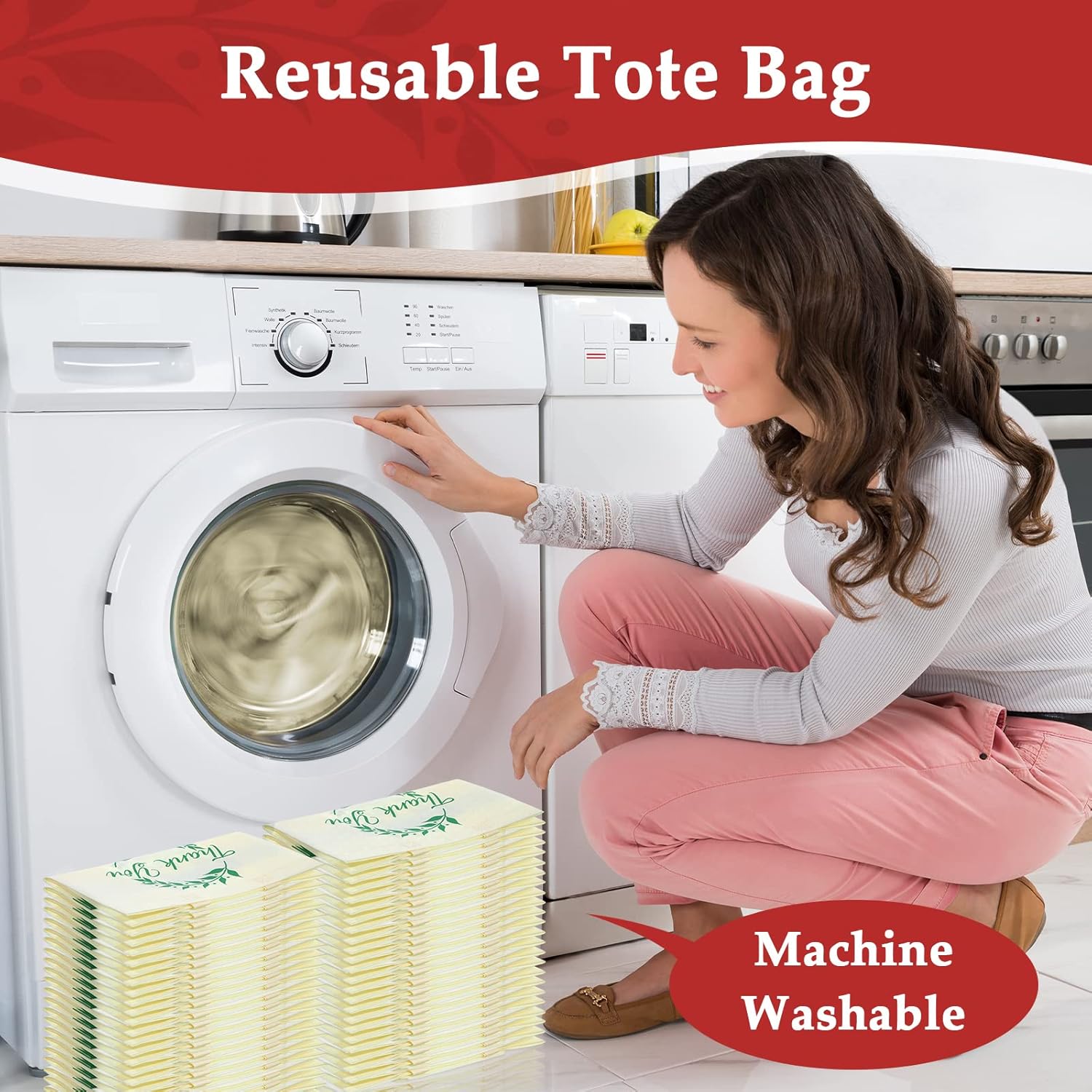 Xinnun 50 Pieces Thank You Tote Bags Bulk, Reusable Non Woven Tote Bags with Handles, Foldable Portable Fabric Tote Bag for Shopping, Grocery, Gift, Parties Boutiques Retail, 12.6 x 6.3 x 11.8 Inches