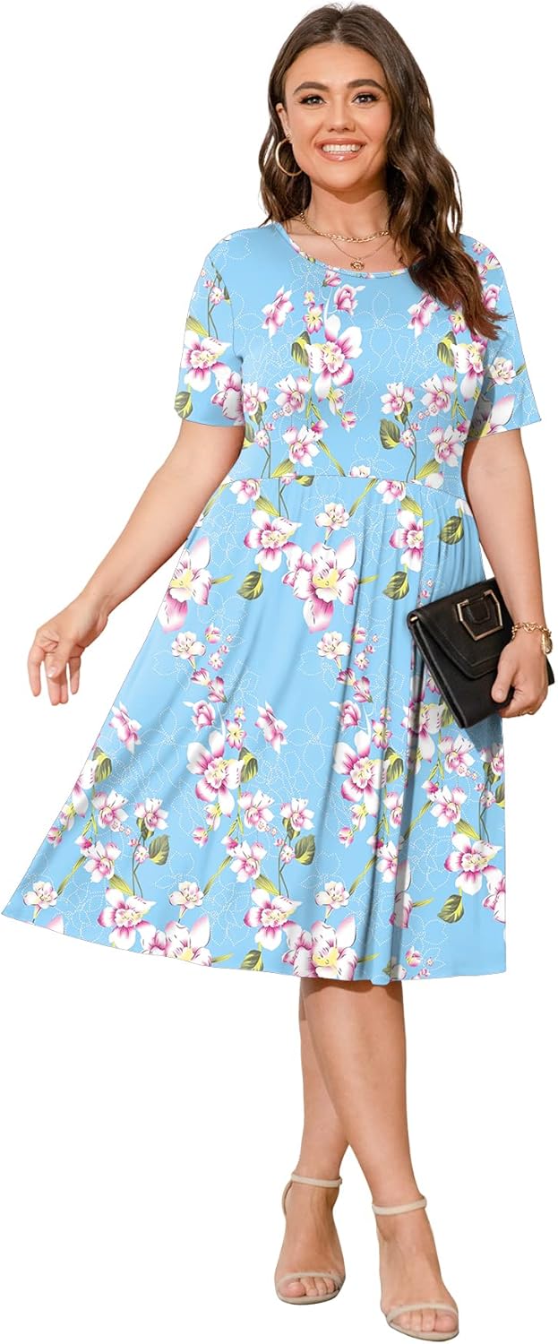 POSESHE Womens Plus Size Summer Dress 2026 Casual Short Sleeve Empire Waist Loose Fit Swing T-Shirt Dress with Pockets - Image 2