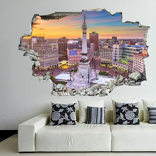 Calcomanías de pared rotas 3D Indianápolis, Indiana, Estados Unidos, centro de la ciudad y círculo de monumentos, 36 x 24 pulgadas, vinilo de pared