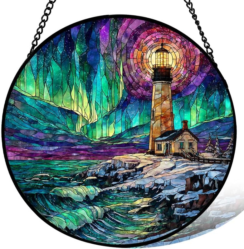 Stained Glass Window Hanging， Lighthouse Aurora Borealis Sun Catchers Indoor Window， Core Decor Inside and Outside The Cottage， Gifts for Women