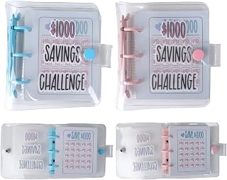 Savings Book, Portable Money Saving Binder Reusable Mini Binder, $1000 Challenge Budget Book with Money Envelopes for Cash for Budgeting Cash Planner School Prize Gifts (Pink+Blue)