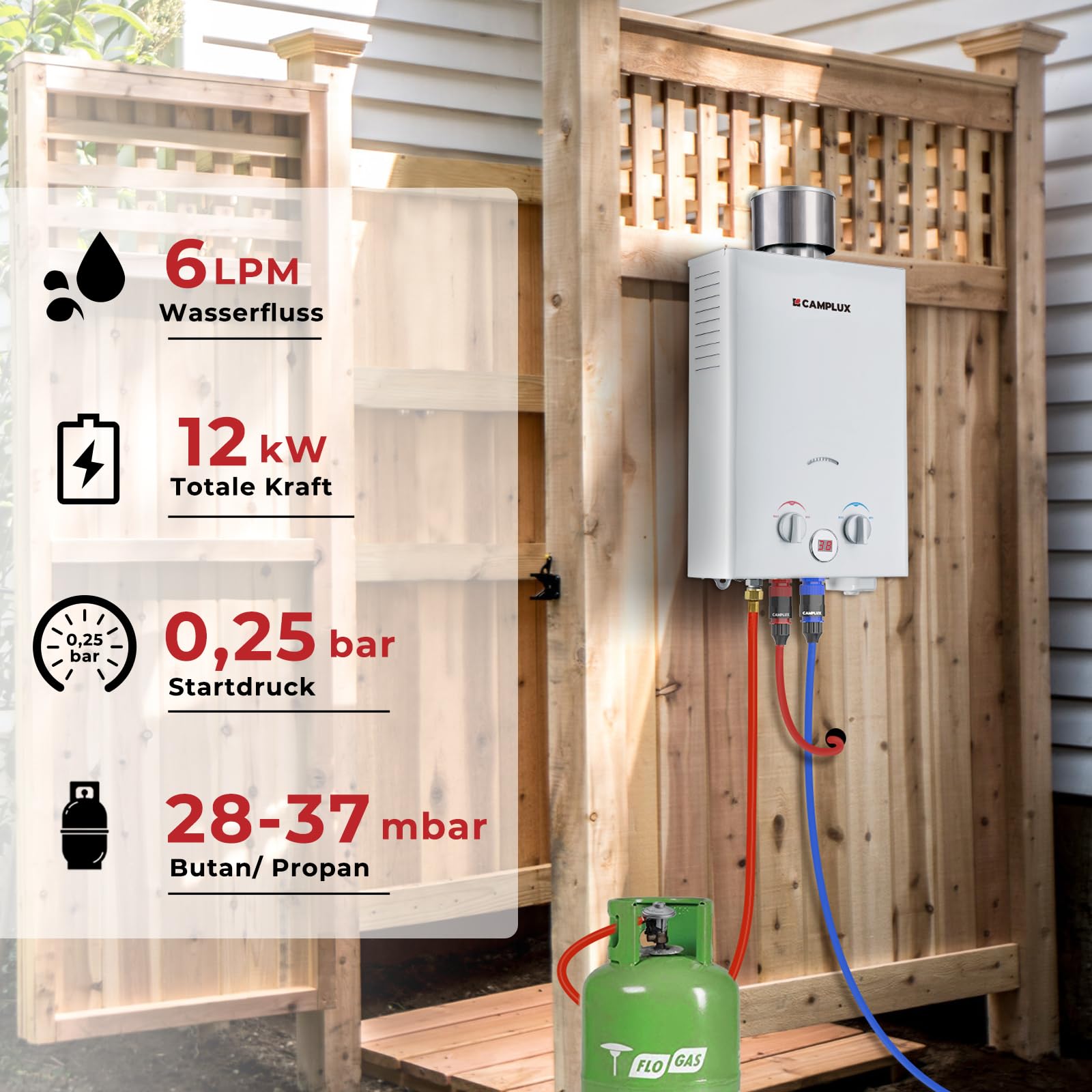 CAMPLUX BW158C Scaldacqua a Gas Tankless, 6 Litri, 12kW, Butano (28-30 mbar) / Propano (37 mbar), per Doccia da Campeggio