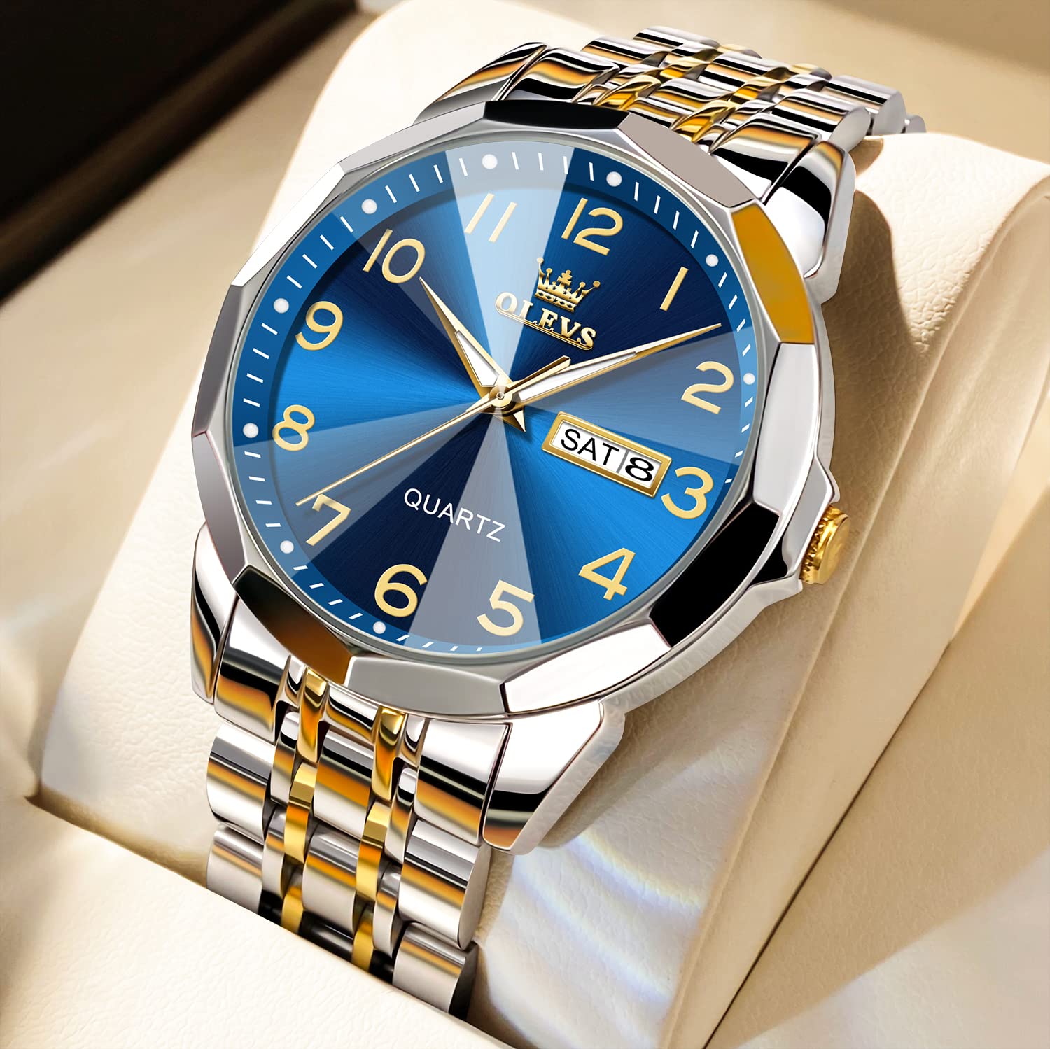 OLEVS - Reloj de Pulsera para Hombre, analógico, Cuarzo, Acero Inoxidable, Impermeable, Luminoso, Fecha, Diamante, Negocios, Dos Tonos, Estilo Casual