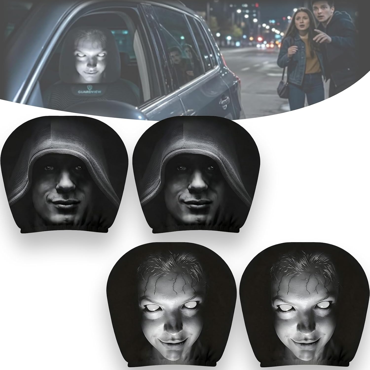 4 Pack Ghost Face Headrest Covers, 2 Funny Designs - Funny Headrest Covers,Playful Halloween Decorations, Universal Car Headrest Cover for Sedans SUV Trucks