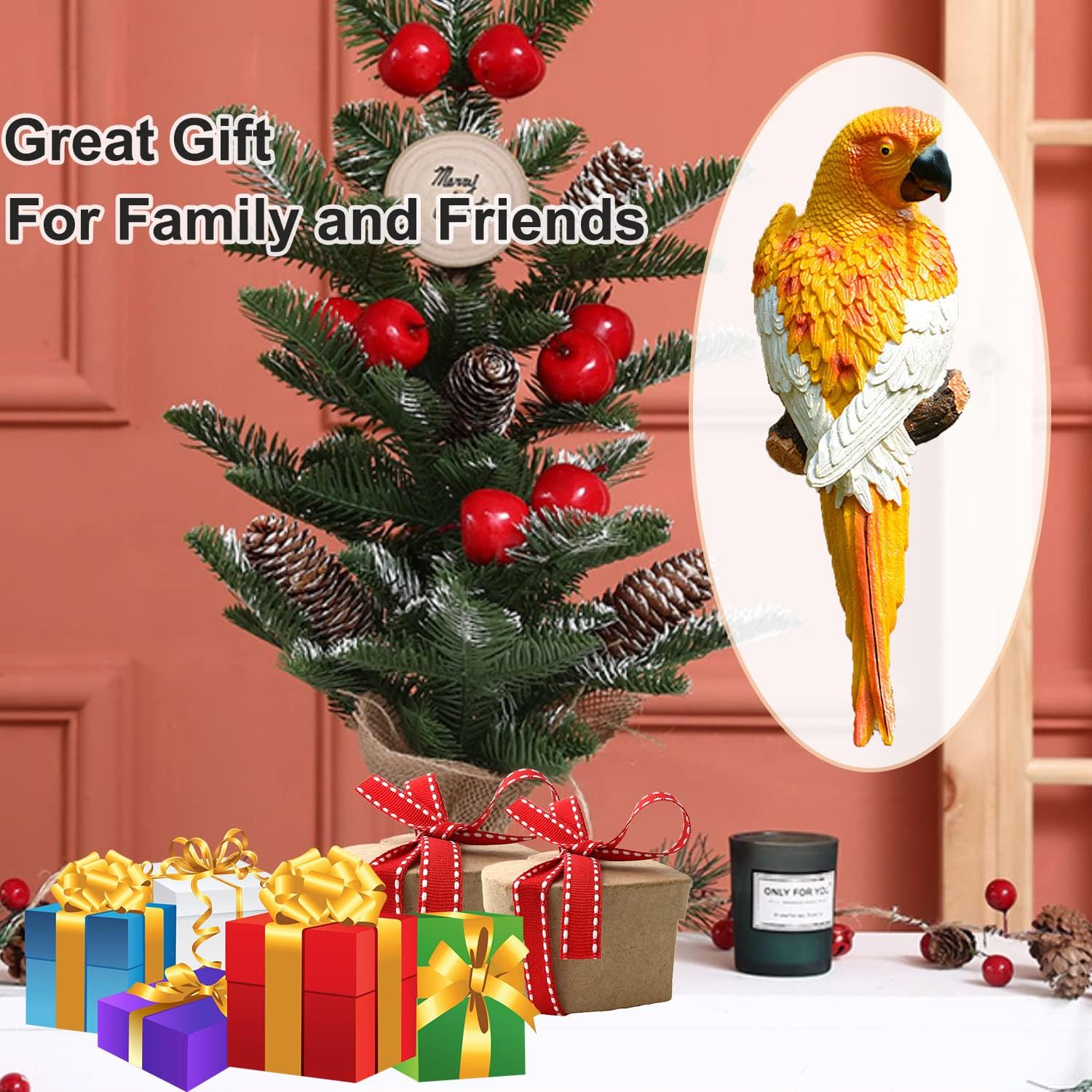 Large Parrot Decor Outdoor Tiki Bar Decorations Realistic Parrot Statues for Outside Lifelike Bird Fake Macaw Sculptures Garden Patio Yard Law Tropical Tree Wall Decoration(Yellow)