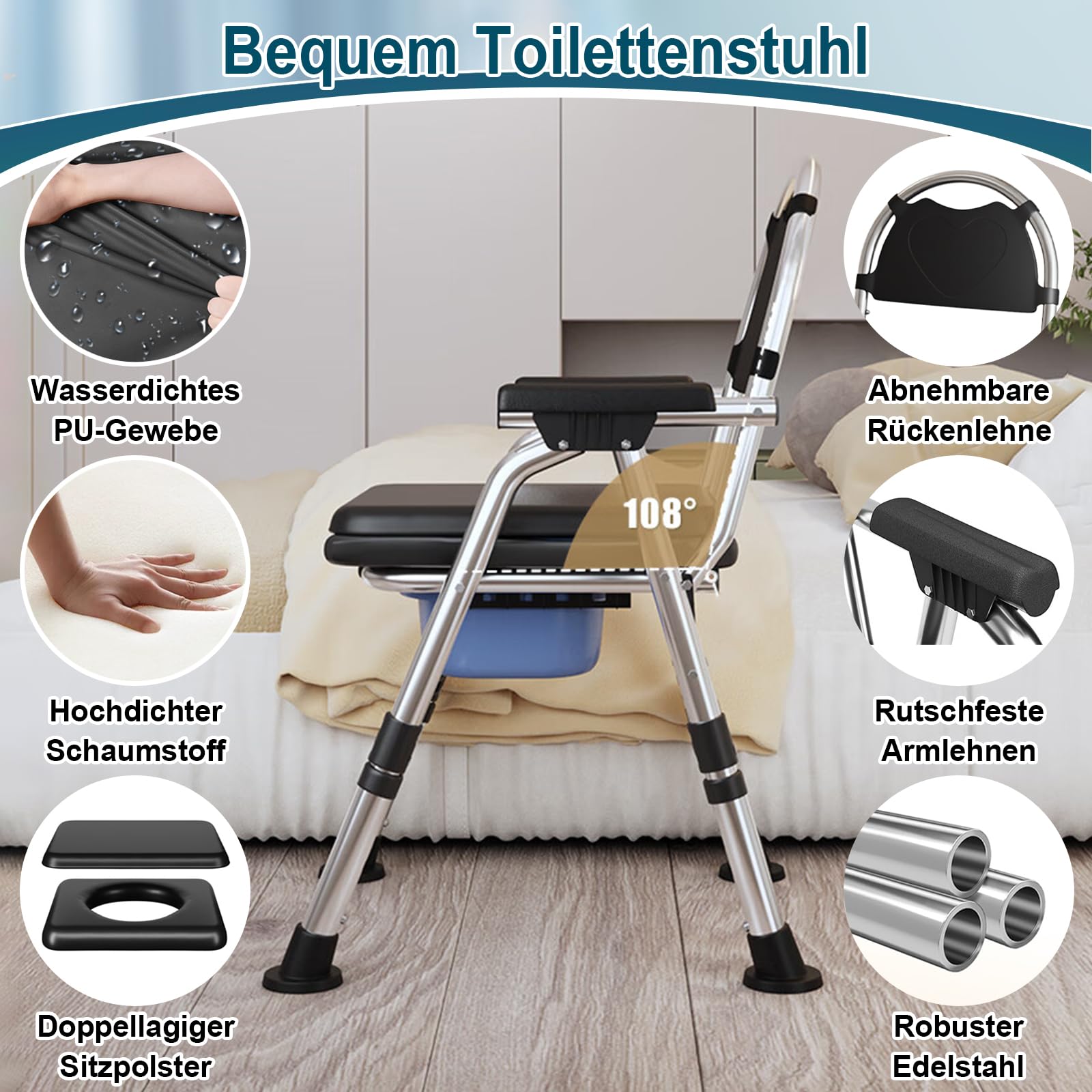 Toilettenstuhl für Senioren Klappbar, Höhenverstellbar Toilettenstühle Duschstuhl mit Toiletteneimer & Doppelkissen, Bequem Rutschfest WC Stuhl Nachtstuhl bis 200kg für Behinderte Schwangere (Schwarz)